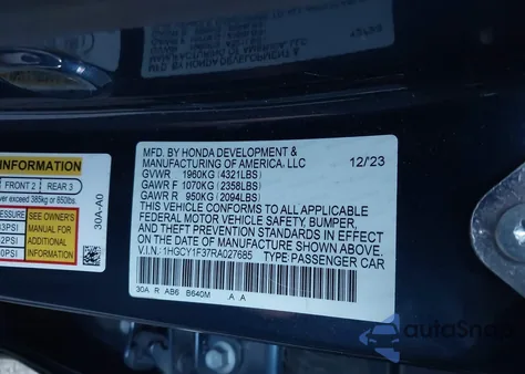 2024 Honda Accord Ex z USA, uszkodzony, nr VIN 1HGCY1F37RA027685